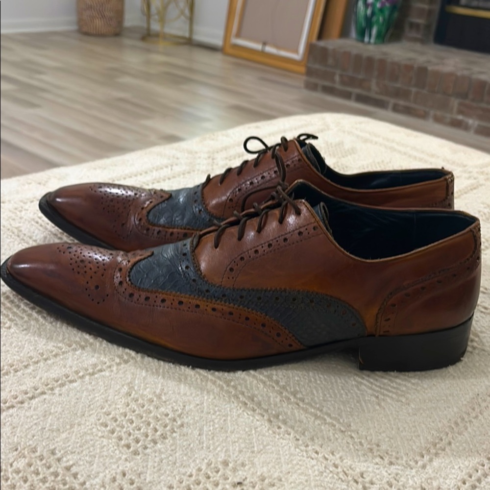 Duca Oxford Brown & Blue‎ captoe Italian leather Men's Dress Shoes EUR 45 USA 12